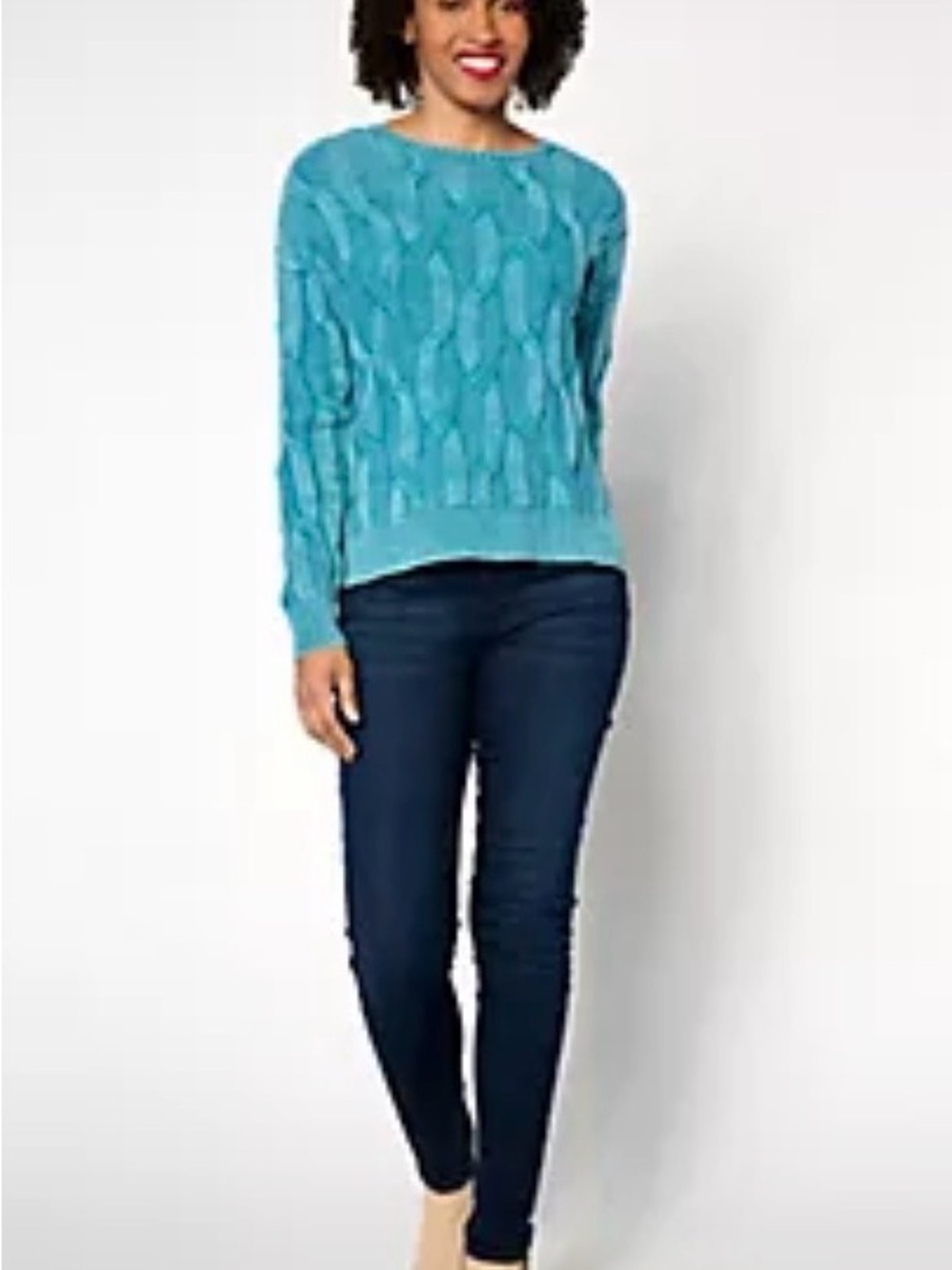 Denim & Co Canyon Retreat Cable Knit Drop Shoulder Washed Sweater 1X Turquoise - Picture 12 of 12